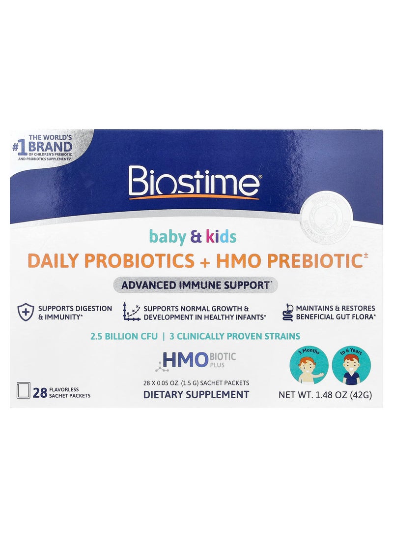 Baby & Kids, Daily Probiotics + HMO Prebiotic, 3 Months to 6 Years, Flavorless, 28 Sachet Packets, 0.05 oz (1.5 g) Each